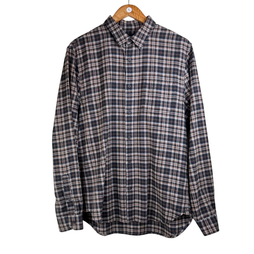 Vince Wool Cotton Brown Plaid Flannel Long Sleeve Button Up Collar Shirt Pocket